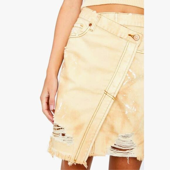 Free People Parker Wrap Denim Mini Skirt Butter Cream - Picture 7 of 16